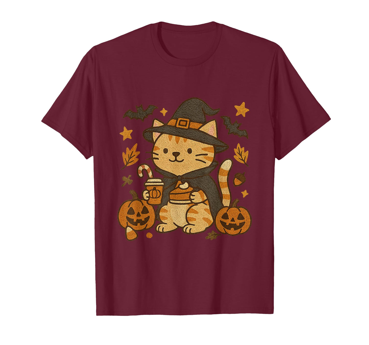 Witchy Cat with Pumpkin and Coffee Halloween Design T-Shirt