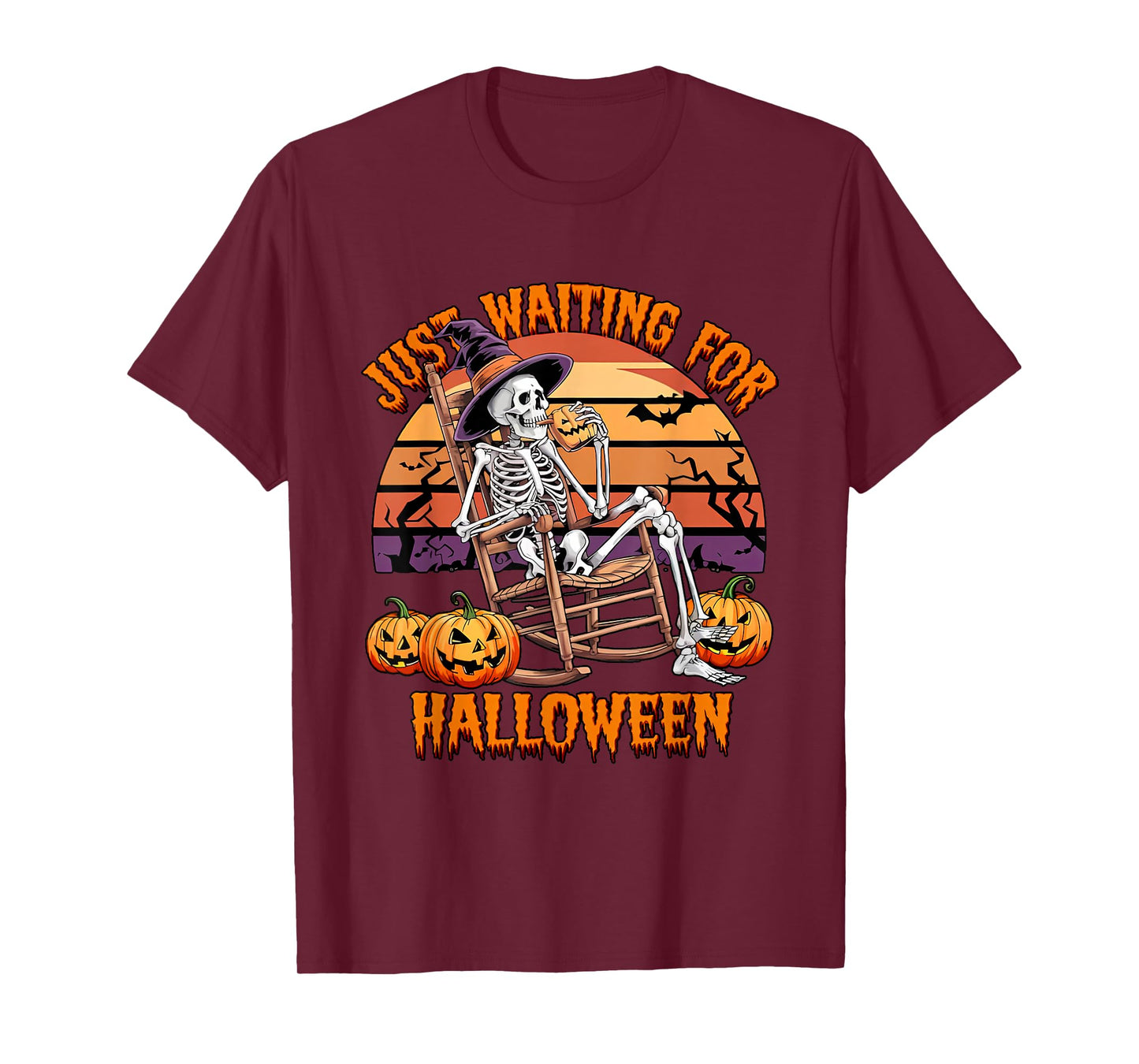 Funny Just Waiting for Halloween Pumpkin Skeleton Witch Meme T-Shirt