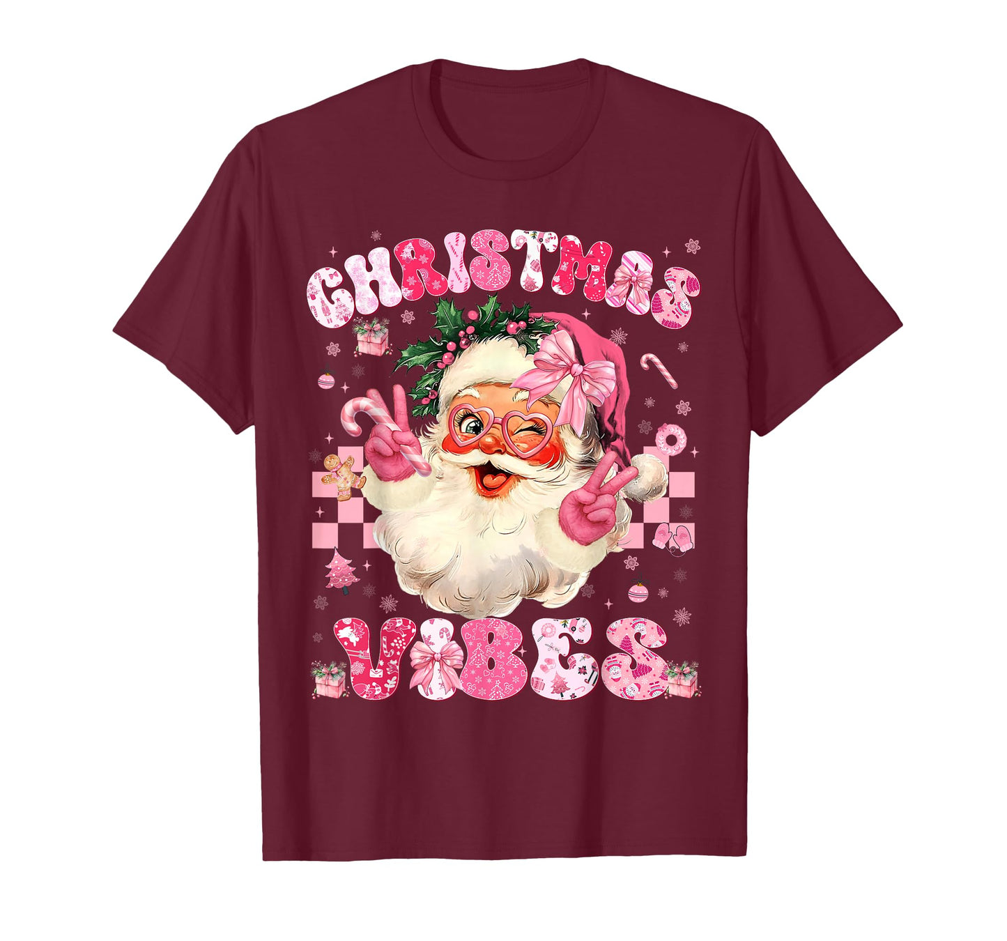 Christmas Vibe Cute Pink Santa Christmas Xmas Women Girl T-Shirt