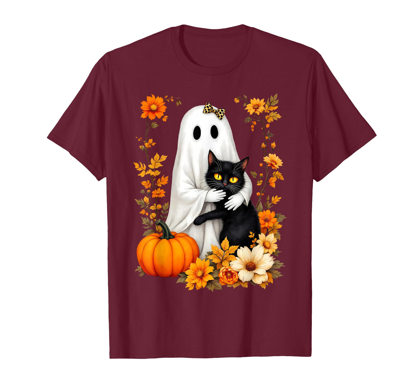 Ghost Hugging Black Cat Halloween Cats Lover Women Floral T-Shirt