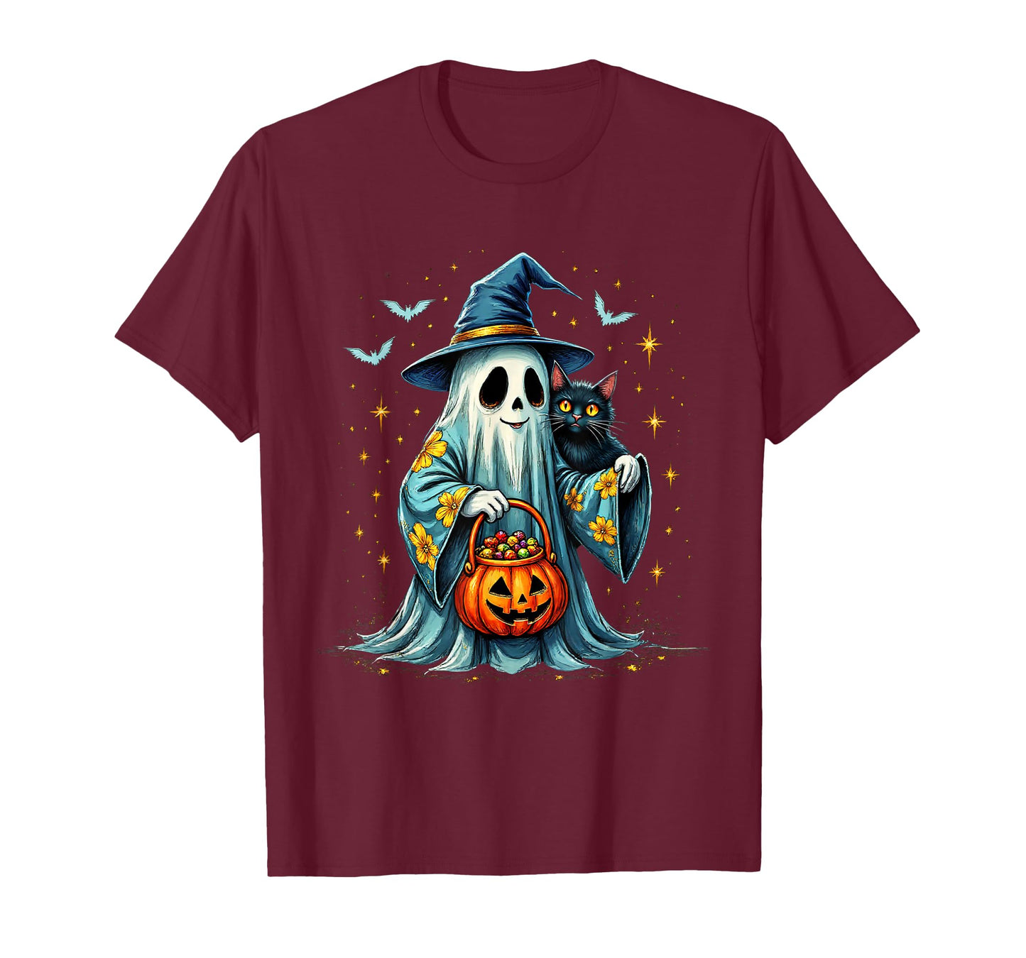 Ghost Holding Black Cat Lover Halloween 2025 Groovy Floral T-Shirt