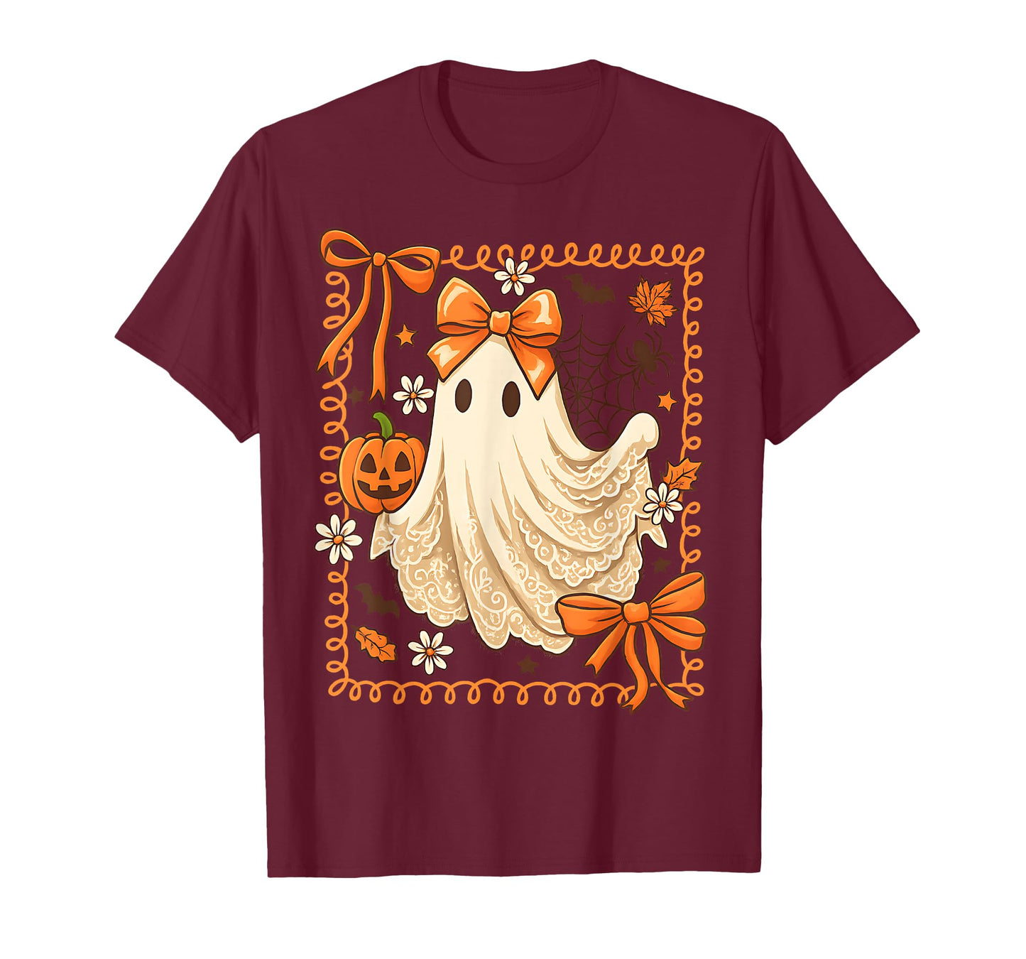 Preppy Lace Ghost With Bow Lace Pumpkin Season Halloween T-Shirt