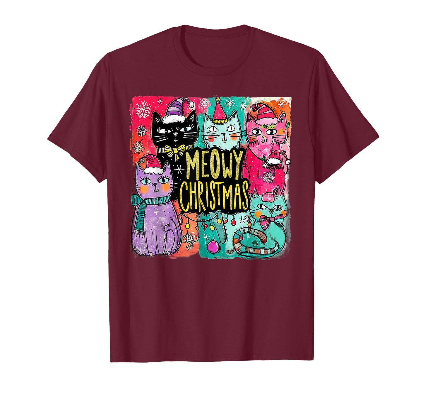 Preppy Meowy Christmas Cute Cats with Santa Claus Hat T-Shirt