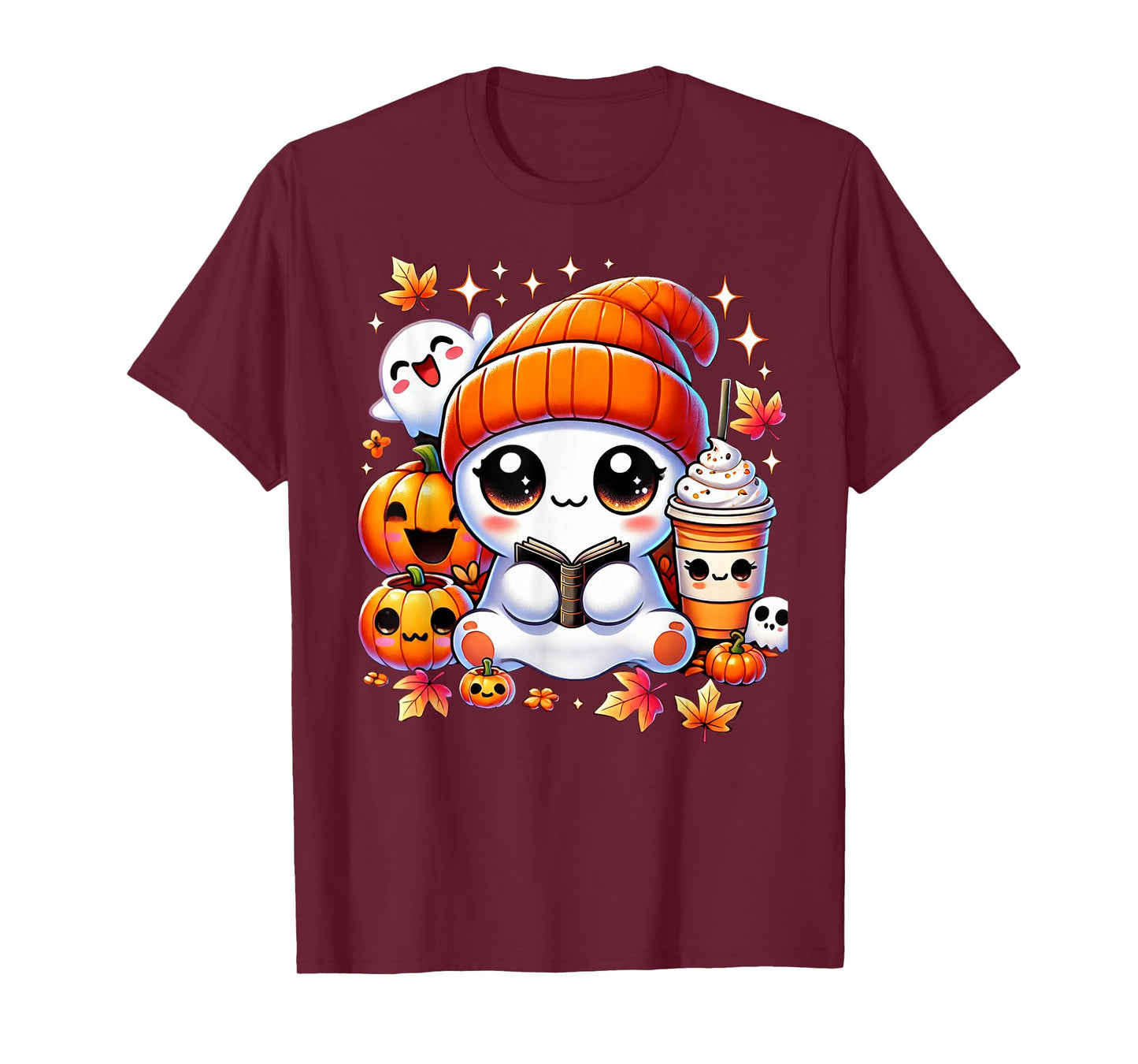 Cute Ghost Reading Book Pumpkins Fall Chocolate Halloween T-Shirt