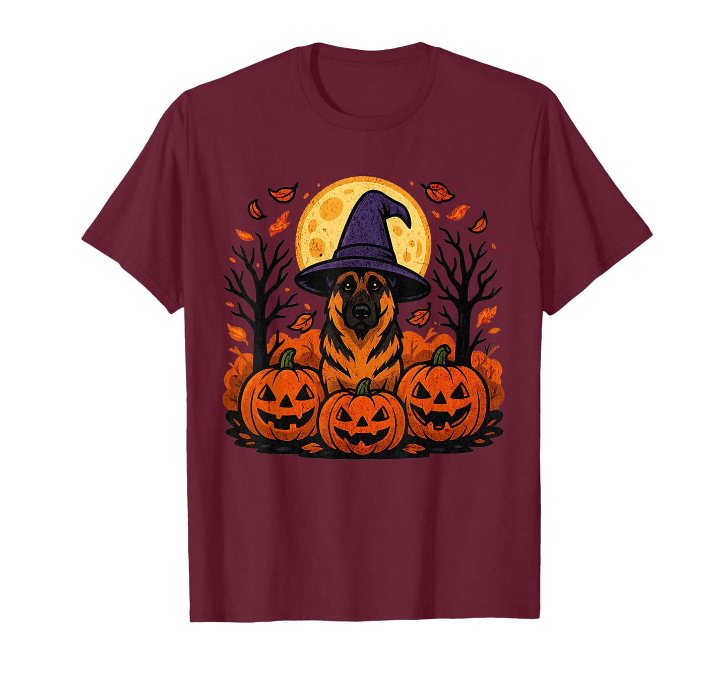 Halloween German Shepherd Witch Hat Pumpkins Autumn Leaves T-Shirt