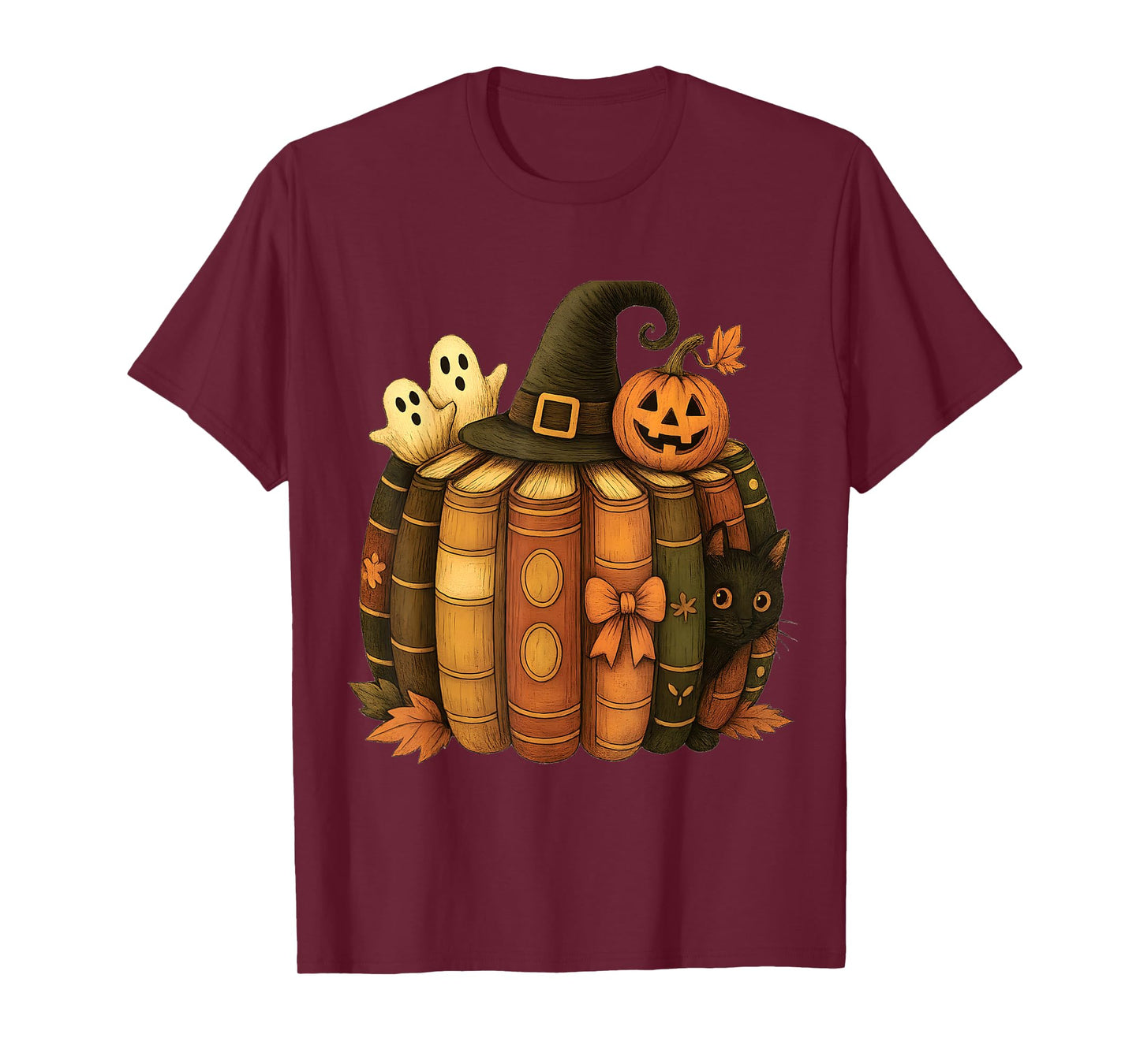Black cat Witch hat Halloween Fall Book Pumpkin T-Shirt