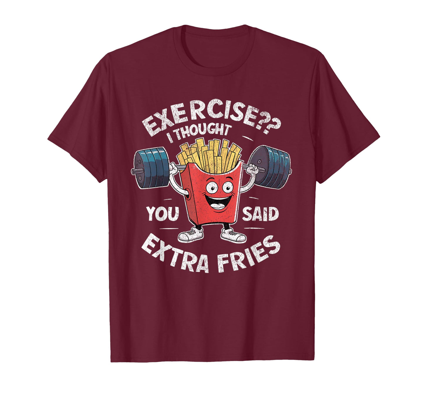 Funny Gym I Thought You Said Extra Fries Unisex-Adults Kids French Fry Workout Exercise Weight Lifting Gym T-Shirt Black Short Sleeve Cotton Blend Stretchable T-Shirt