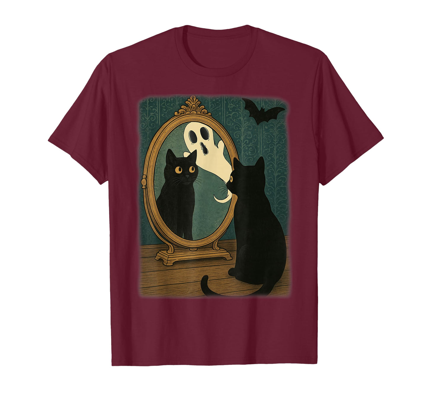 Vintage Halloween Black Cat Ghost in Mirror Cat Lover Womens T-Shirt