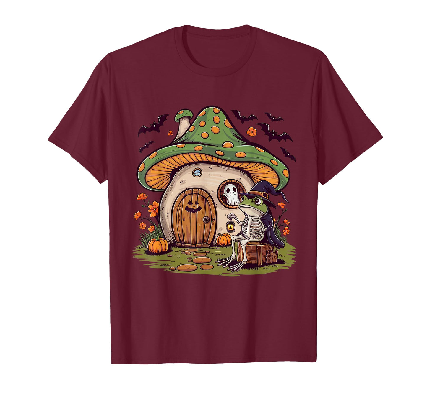 Frog Skeleton Mushroom House Funny Halloween Ghost Pumpkin T-Shirt