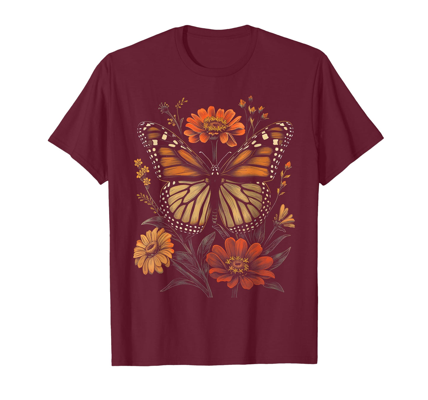Vintage Monarch Butterfly Zinnias Flower Girl Plant Mom T-Shirt