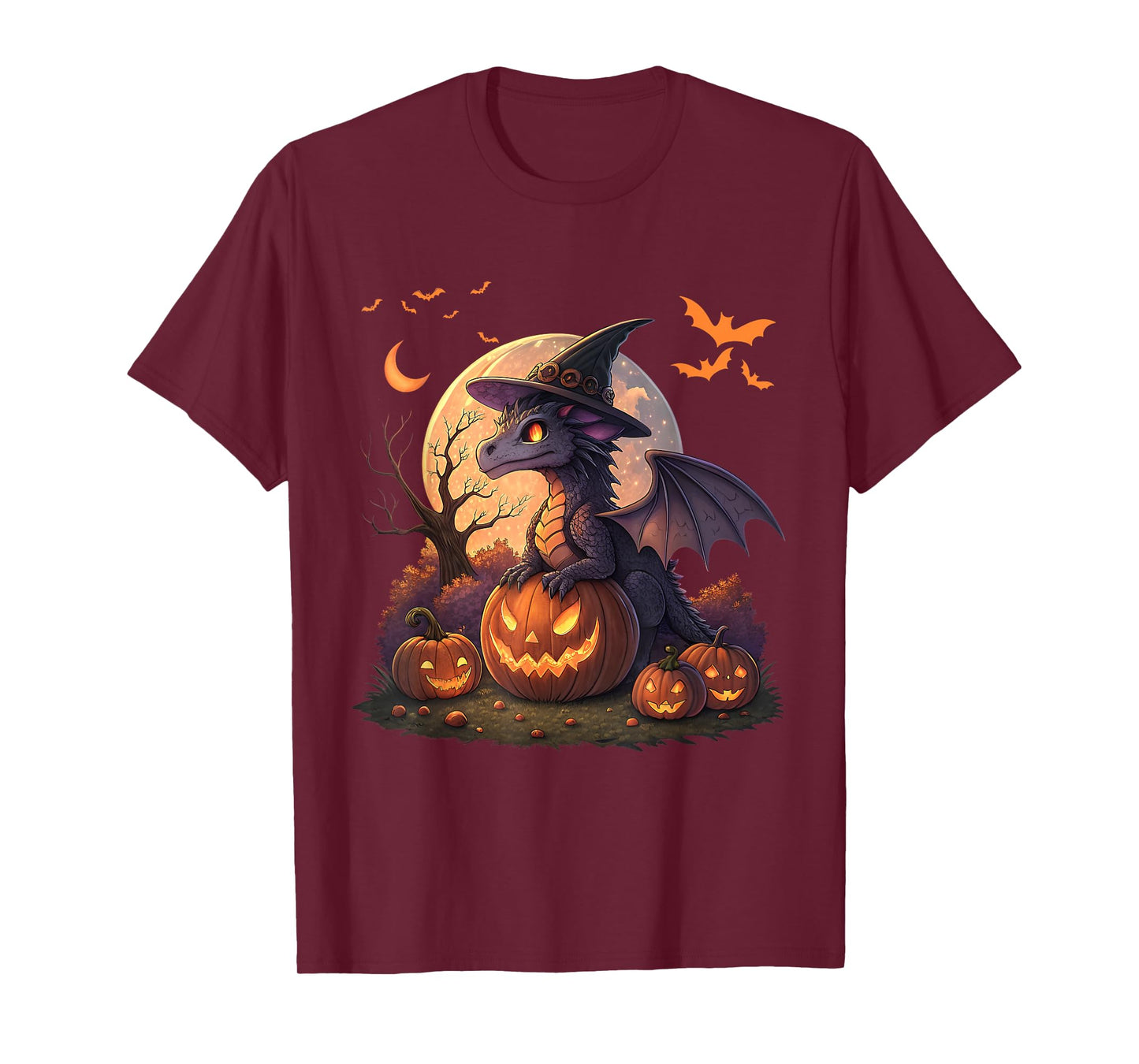 Cute Halloween Dragon Witch Hat Pumpkin Moon Fantasy T-Shirt