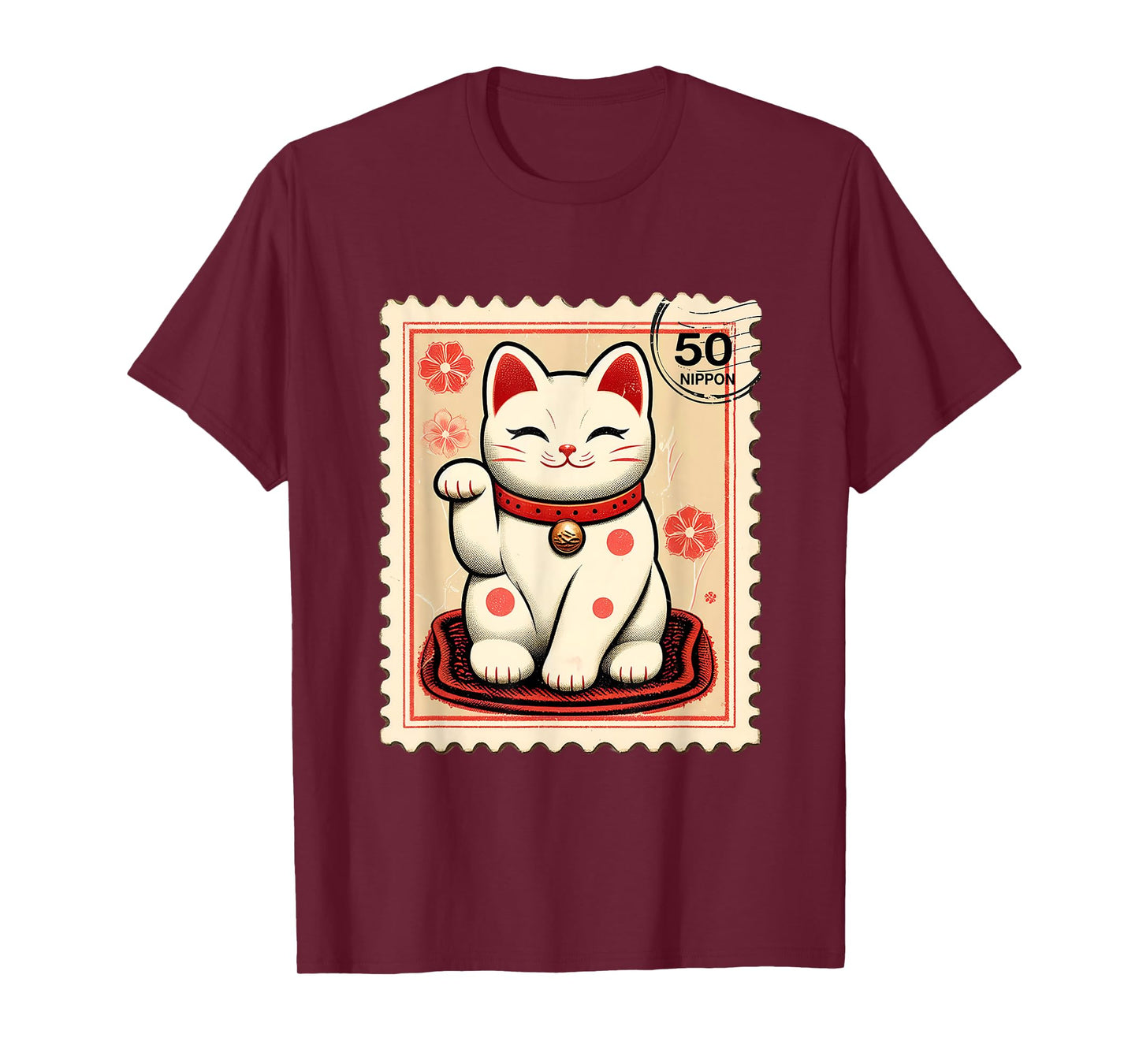 Maneki Neko Japanese Kawaii Lucky Cat Stamp Retro Aesthetic T-Shirt
