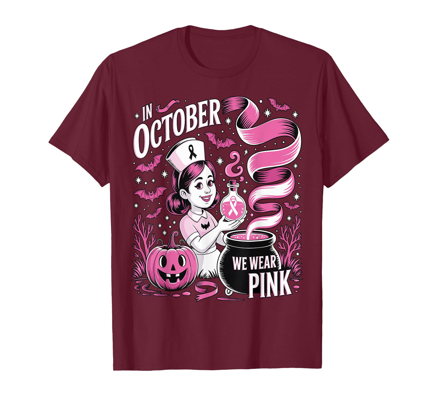 in October We Wear Pink Halloween Witch Nurse for Women T-Shirt