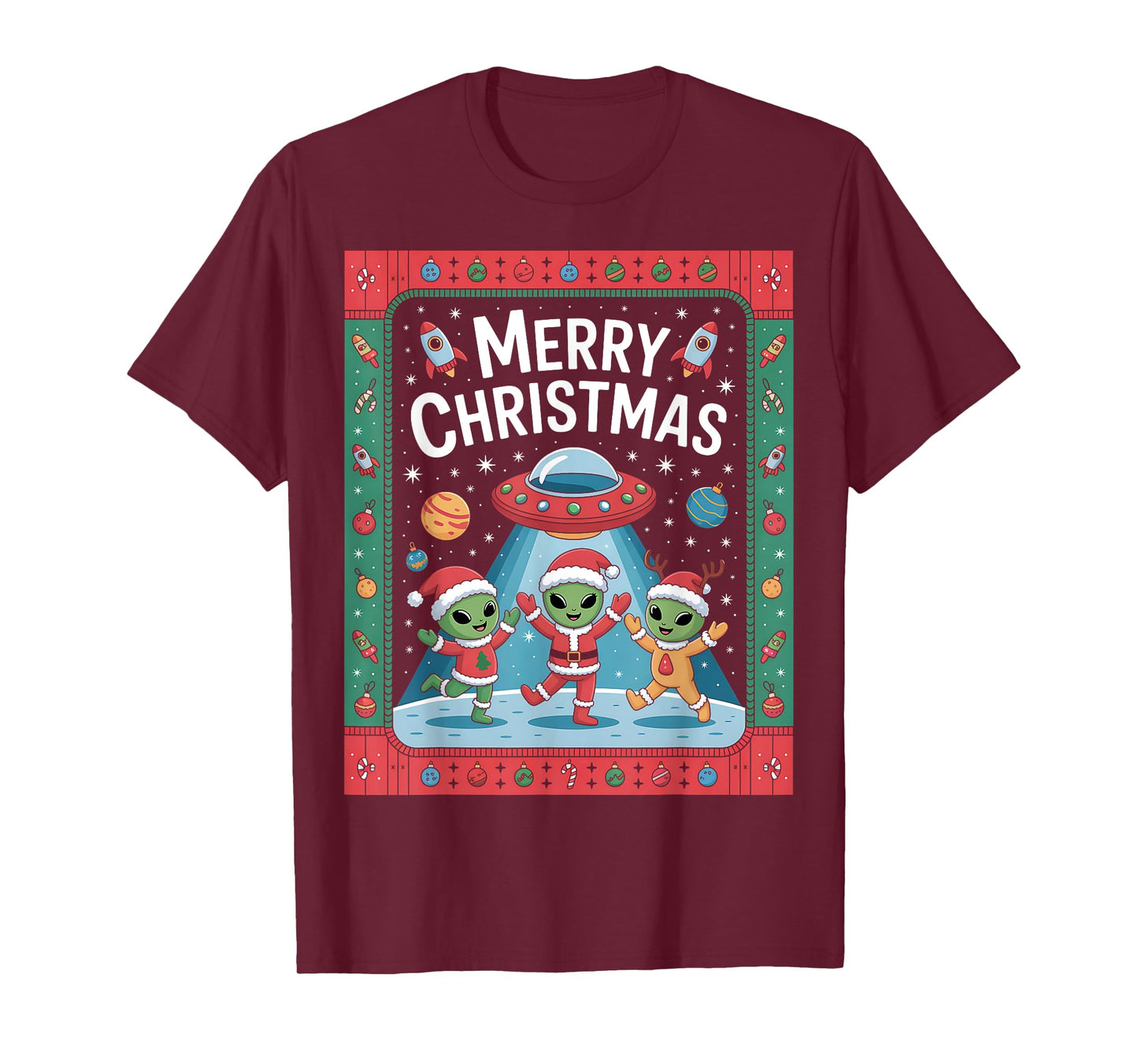 Funny Alien Trio Merry Ugly Christmas Santa Hat Gifts Xmas T-Shirt