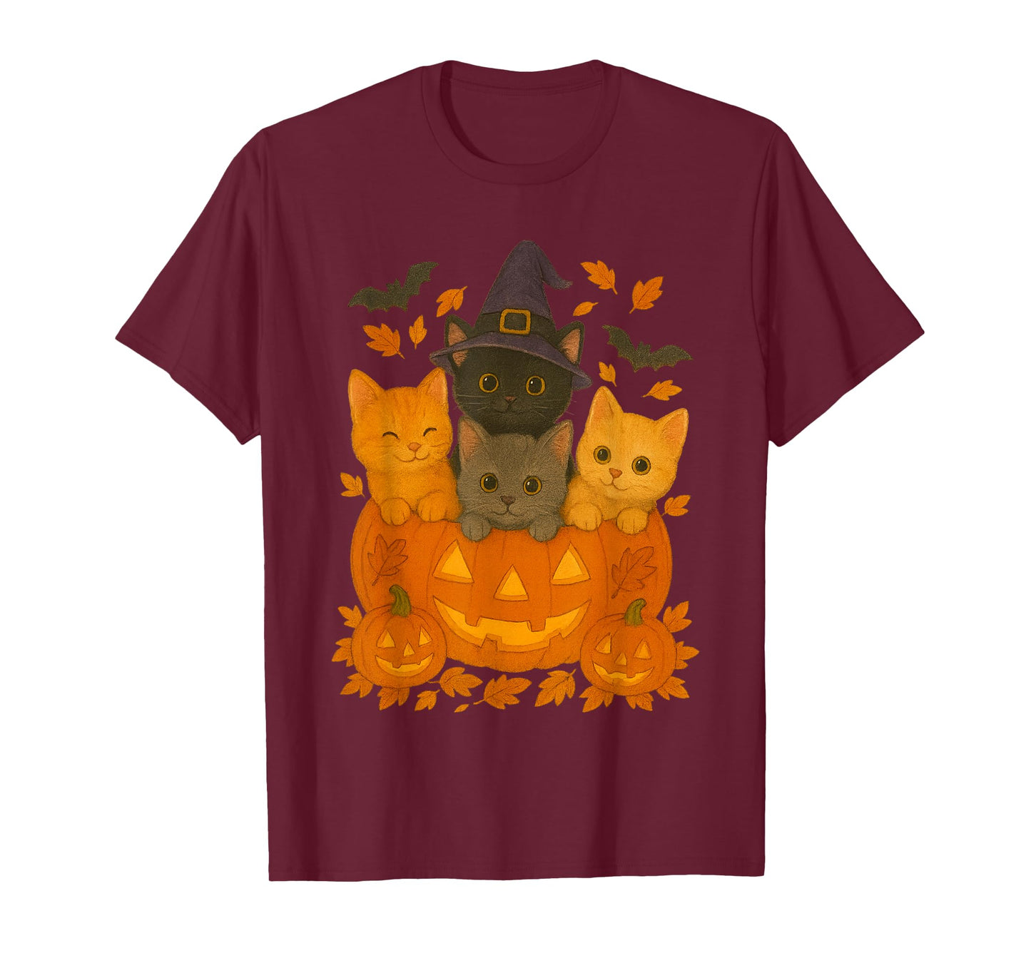 Halloween Cat Pumpkin Autumn Witch Hat Fall Charm Vibe Funny T-Shirt