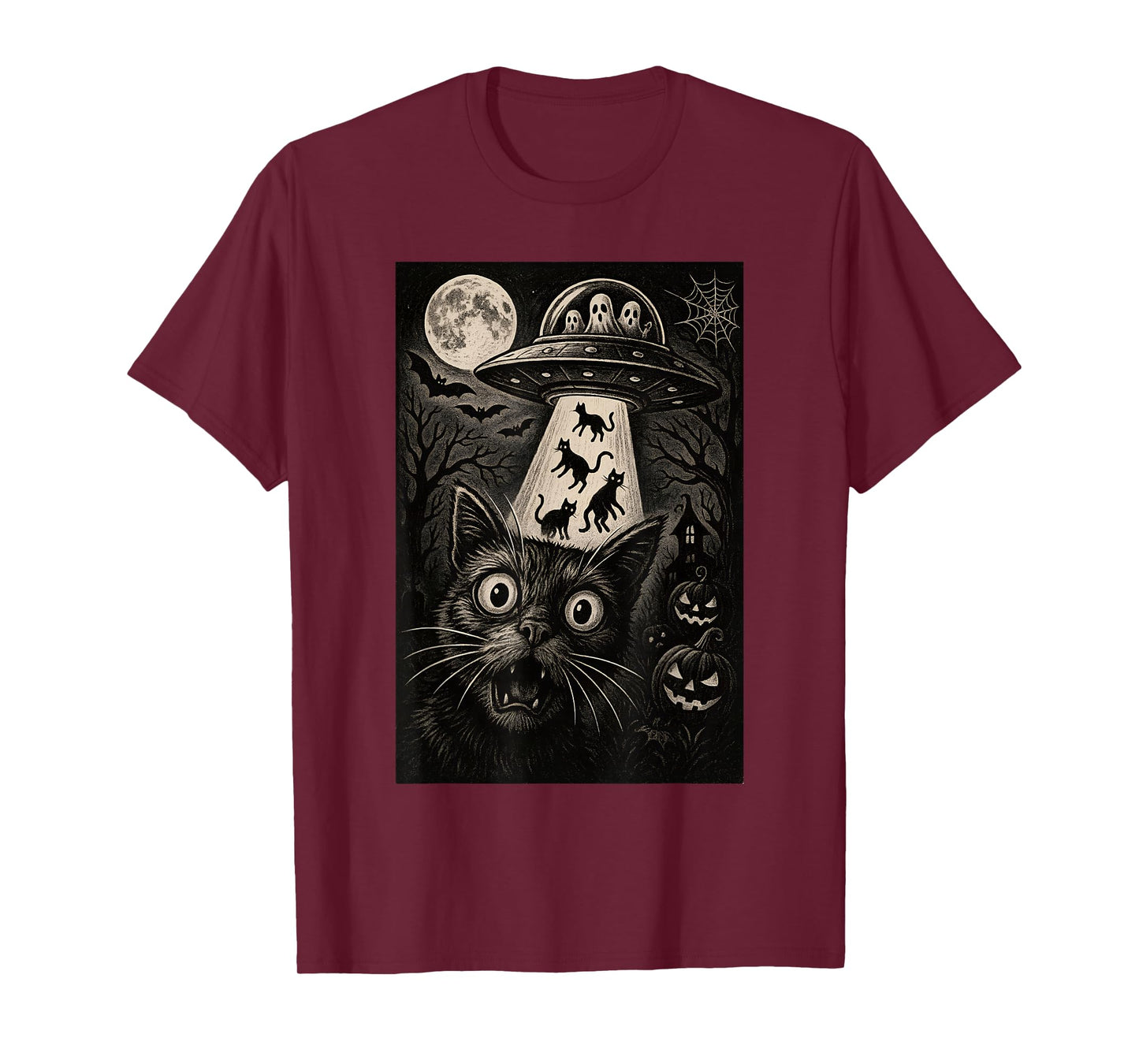Halloween Cat Selfie Spooky Night Alien Abduction Cats UFO T-Shirt