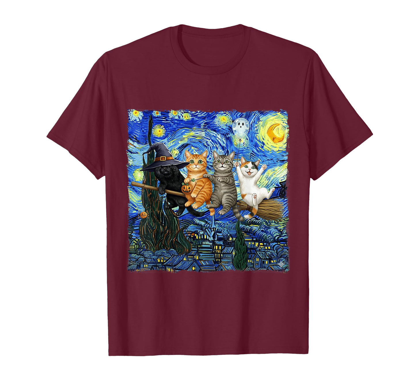 Starry Night Witch with Funny Cats Hanging on Broom Spooky T-Shirt