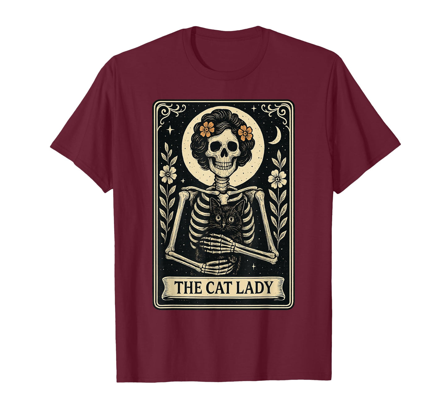 Mystic Skeleton The Cat Lady with Coffee Tarot Card Vibes T-Shirt