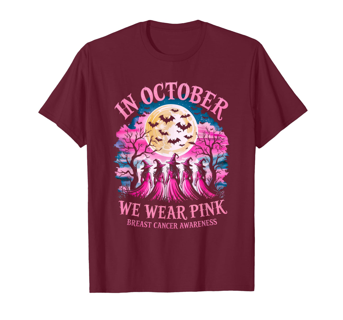 in October We Wear Pink Retro Witch Breast Cancer Awareness T-Shirt