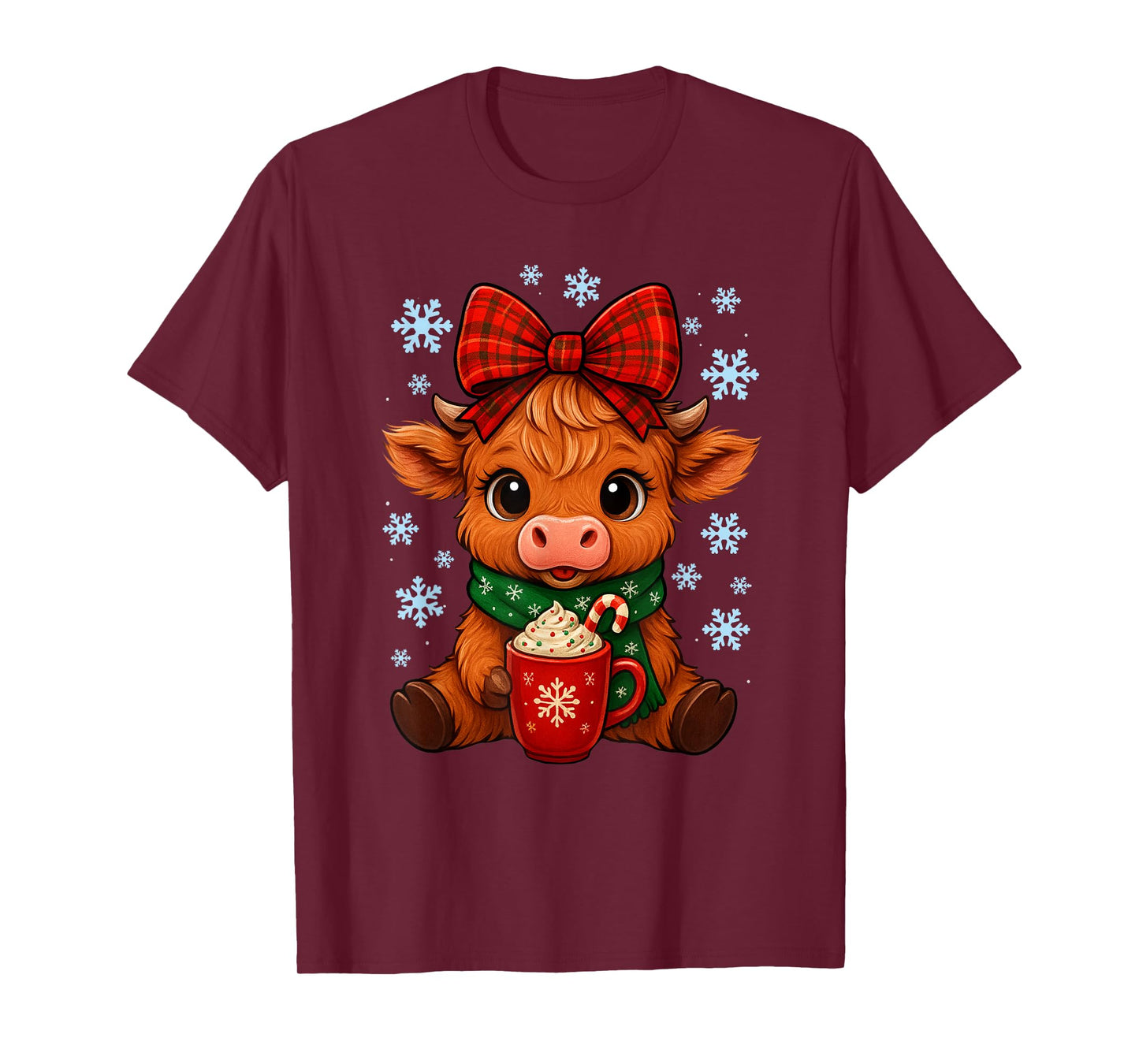 Coquette Bow Highland Cow Christmas Holiday Snowflake Squad T-Shirt