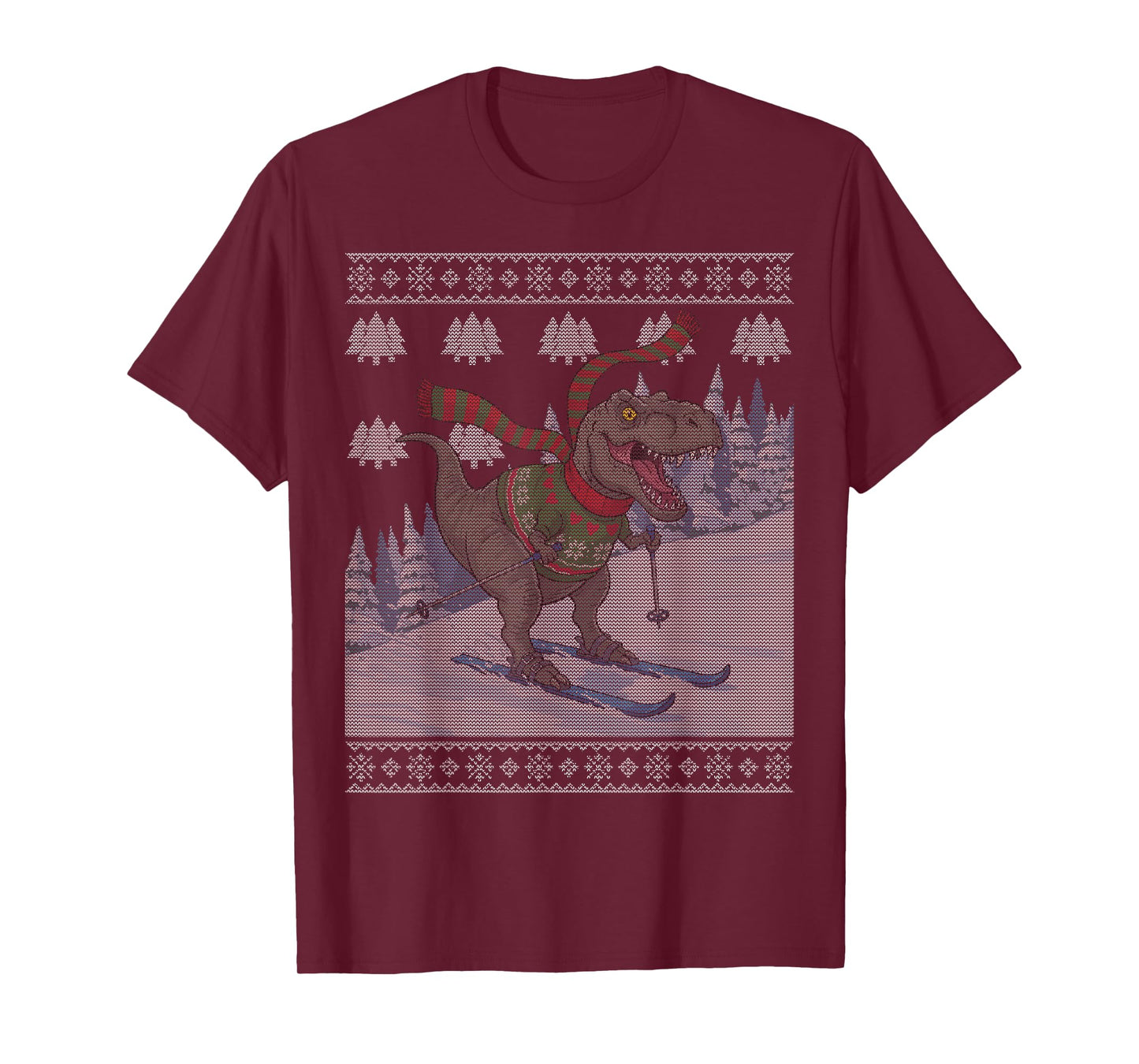 Skiing Dinosaur T-Rex Ski Funny Snow Winter Ugly Christmas T-Shirt
