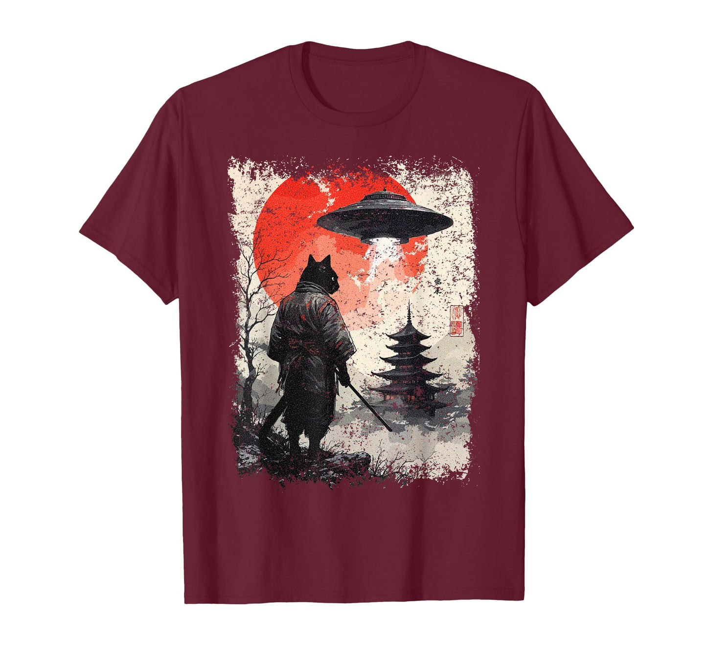 Samurai Ninja Cat Warrior Sumi-e UFO Ukiyo-e Sci Fi Japanese T-Shirt