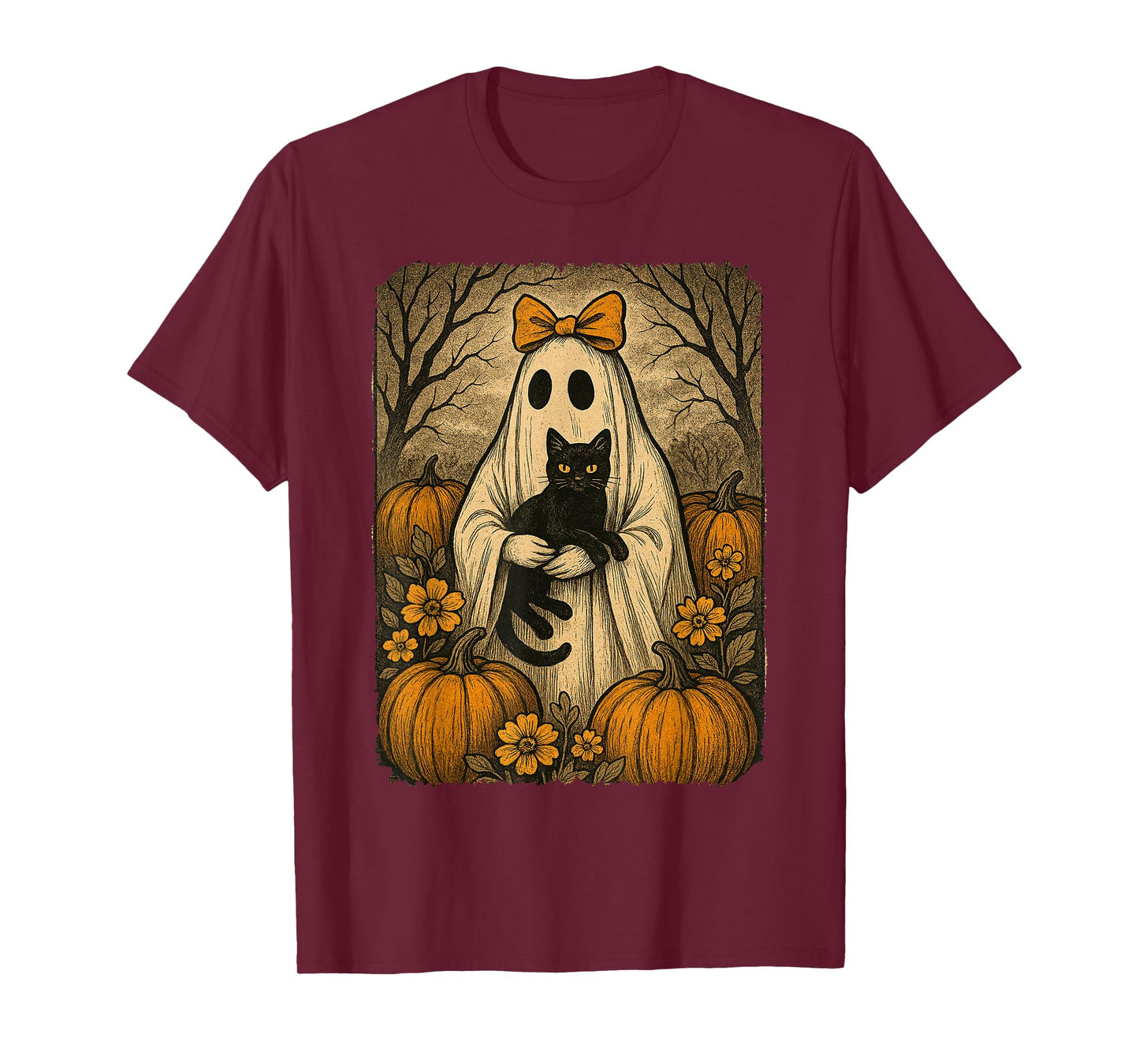 Vintage Halloween Ghost Holding Black Kitten Cat Floral T-Shirt