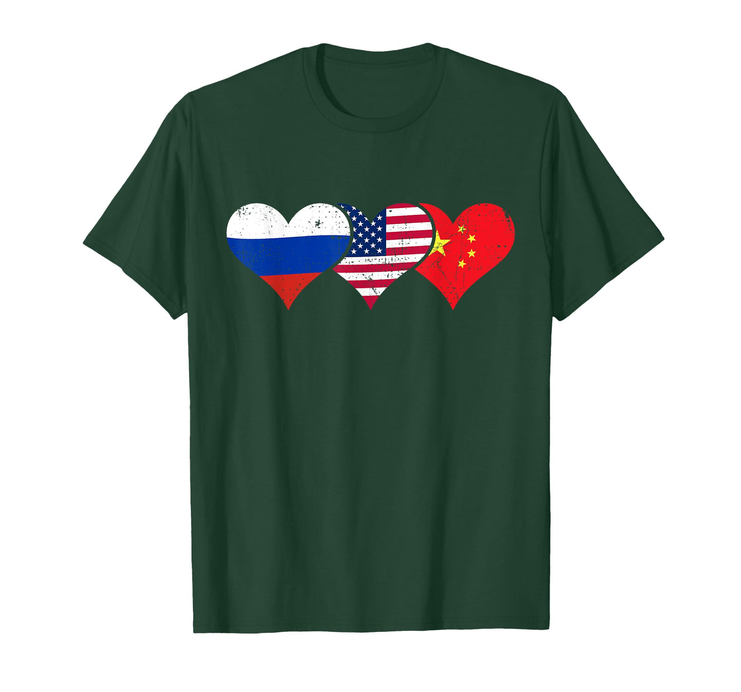 Russia, USA & China Flags – Russian American Chinese Hearts T-Shirt