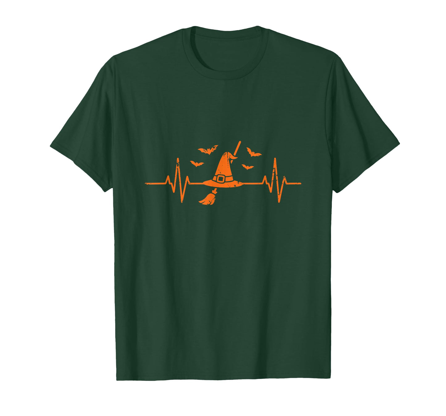 Witch Hat and Broom Heartbeat EKG Line Halloween T-Shirt