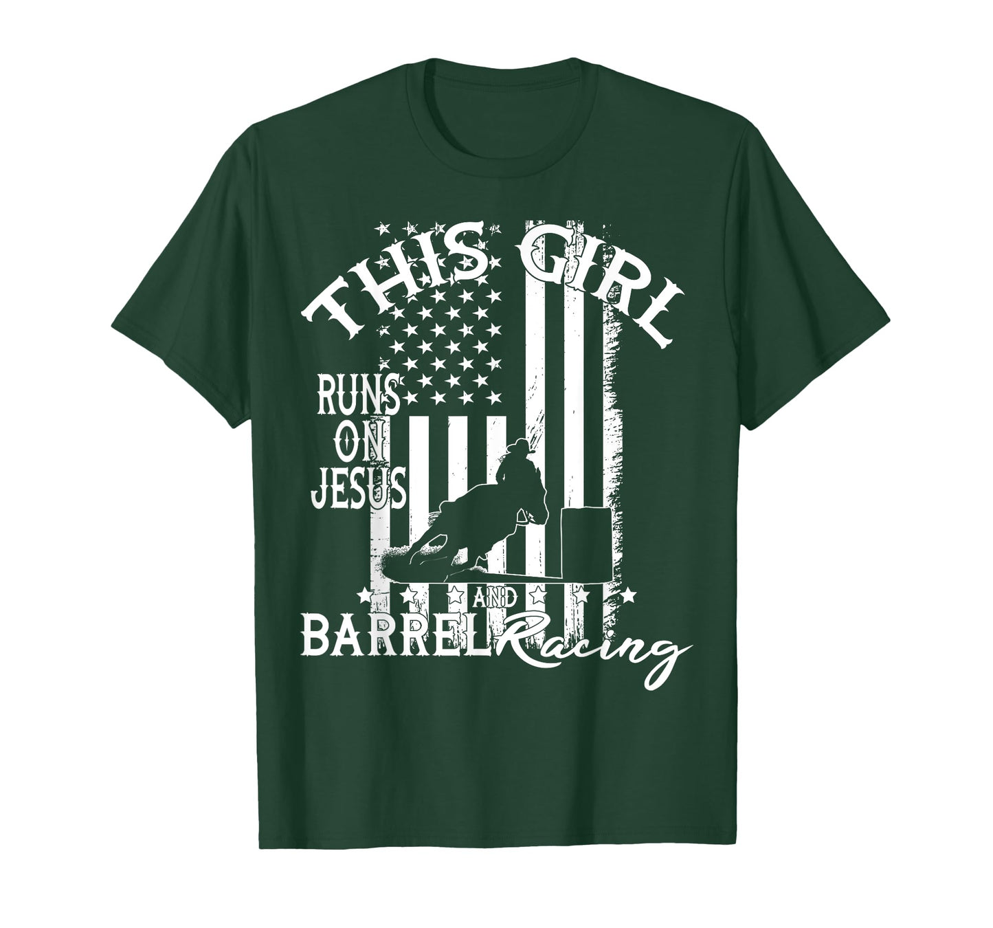 US flag Horse Barrel Racing This Girl runs on Jesus Rodeo T-Shirt