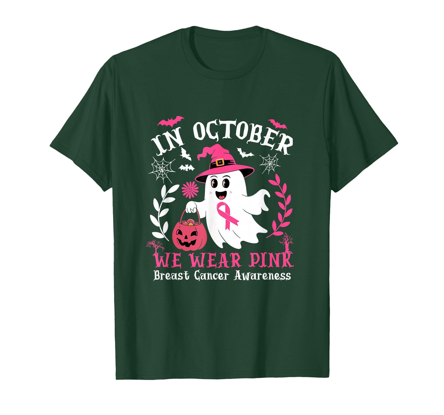 in October We Wear Pink Halloween Witch Ghost Pumpkin T-Shirt