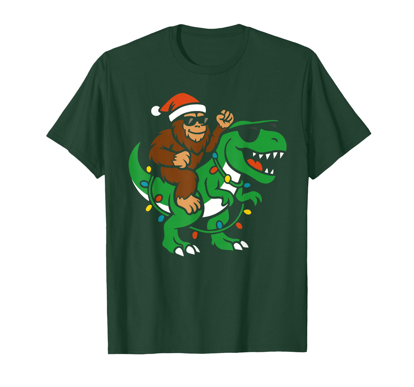 Christmas Bigfoot Riding Dinosaur Santa hat T-Shirt