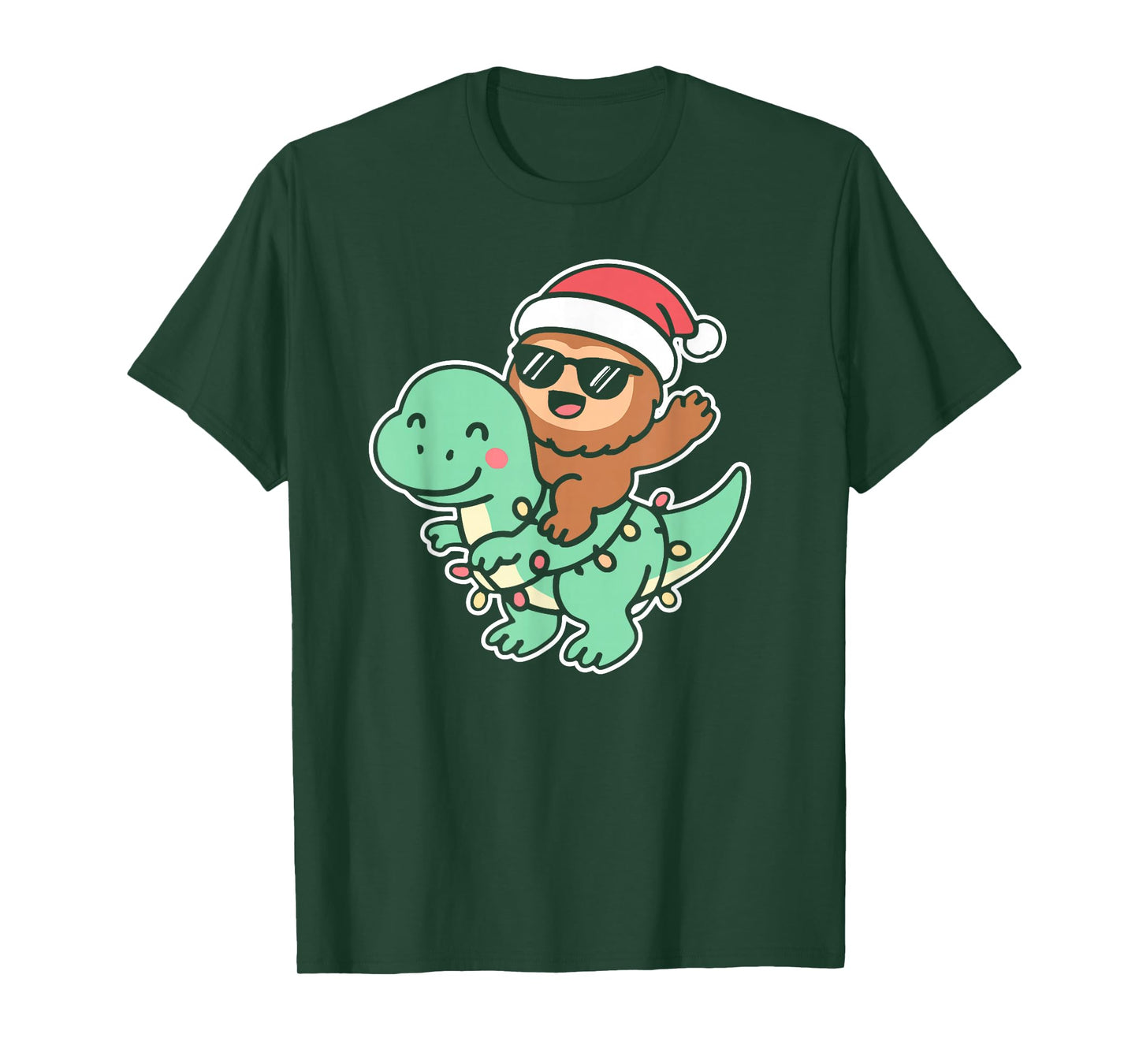 Cute Bigfoot Riding Dinosaur Christmas Tree Lights T-Shirt