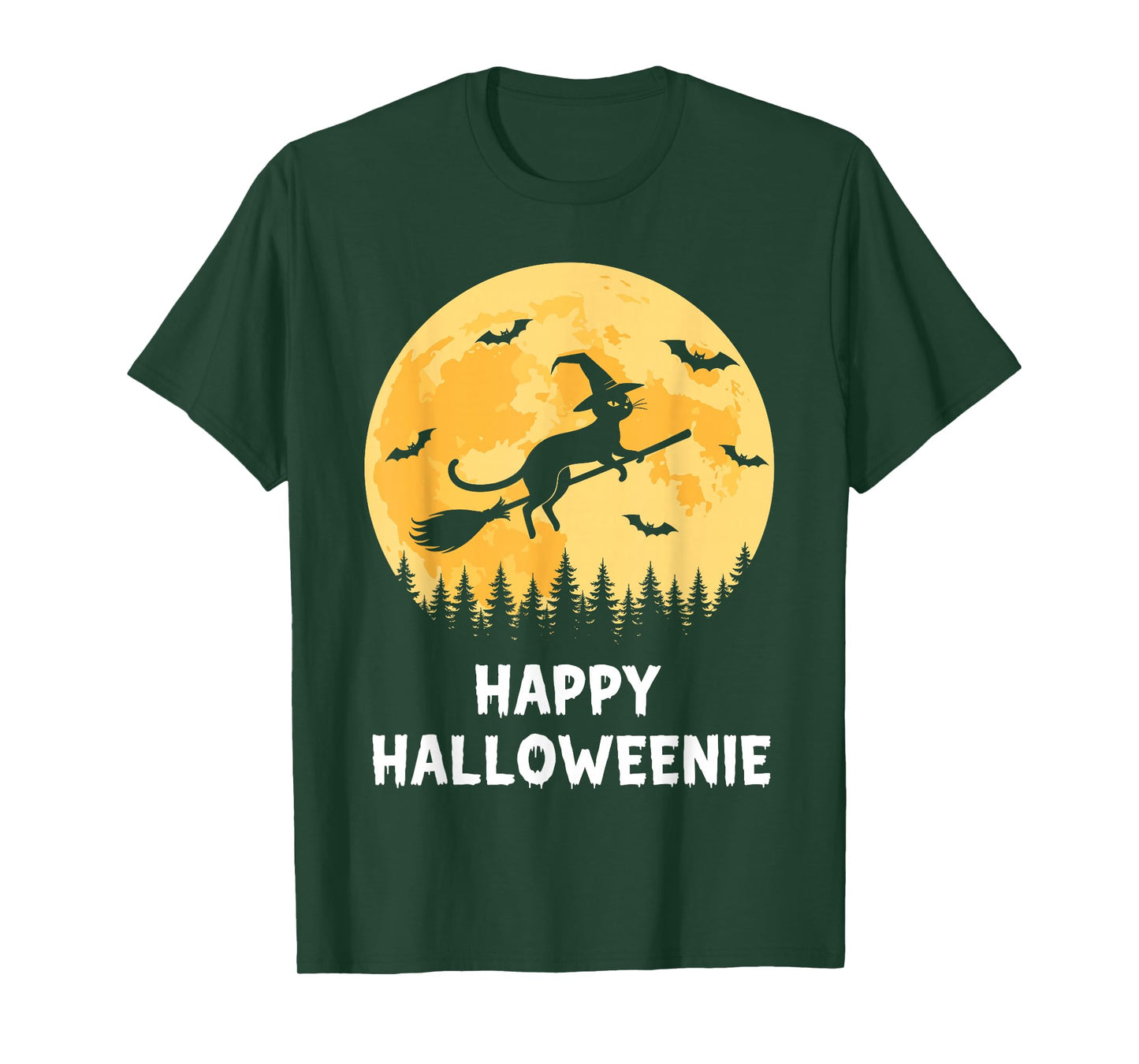 Happy Halloweenie Funny Halloween Cat Flying Witch T-Shirt