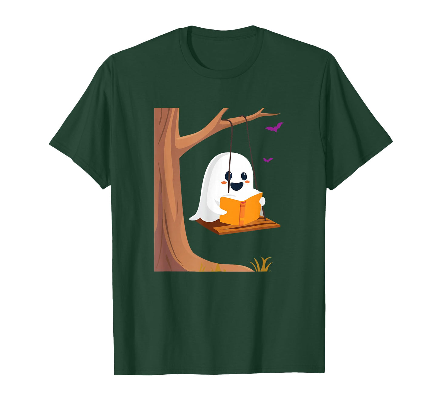 Kawaii Halloween Ghost Swinging Reading Book Bookish T-Shirt
