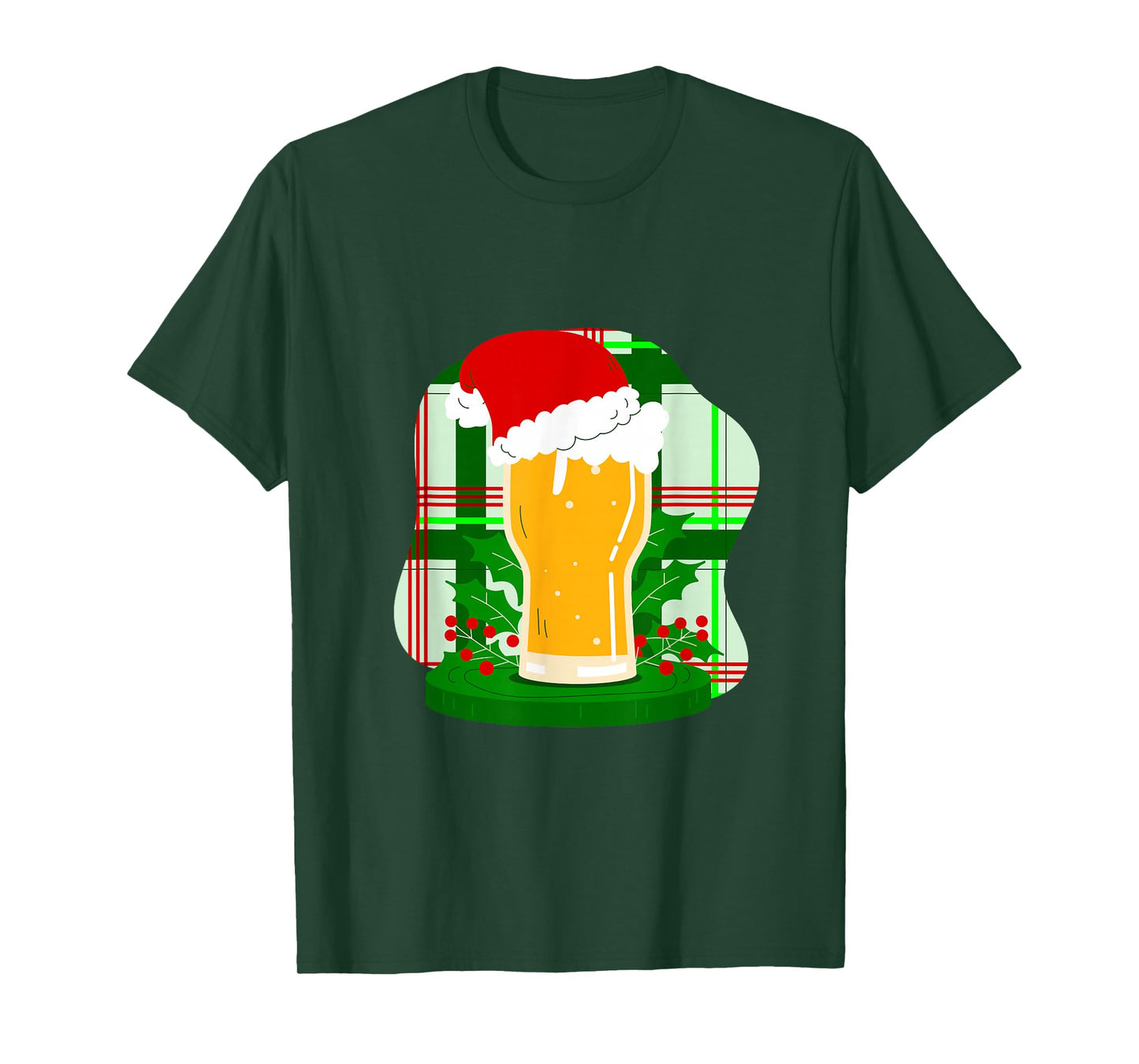 Ugly Christmas Beer Santa Claus Holly Plaid Funny Xmas T-Shirt