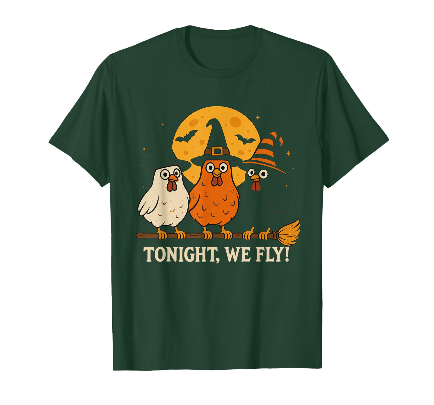 Halloween Funny Chicken Witches Broomstick Spooky Full Moon T-Shirt