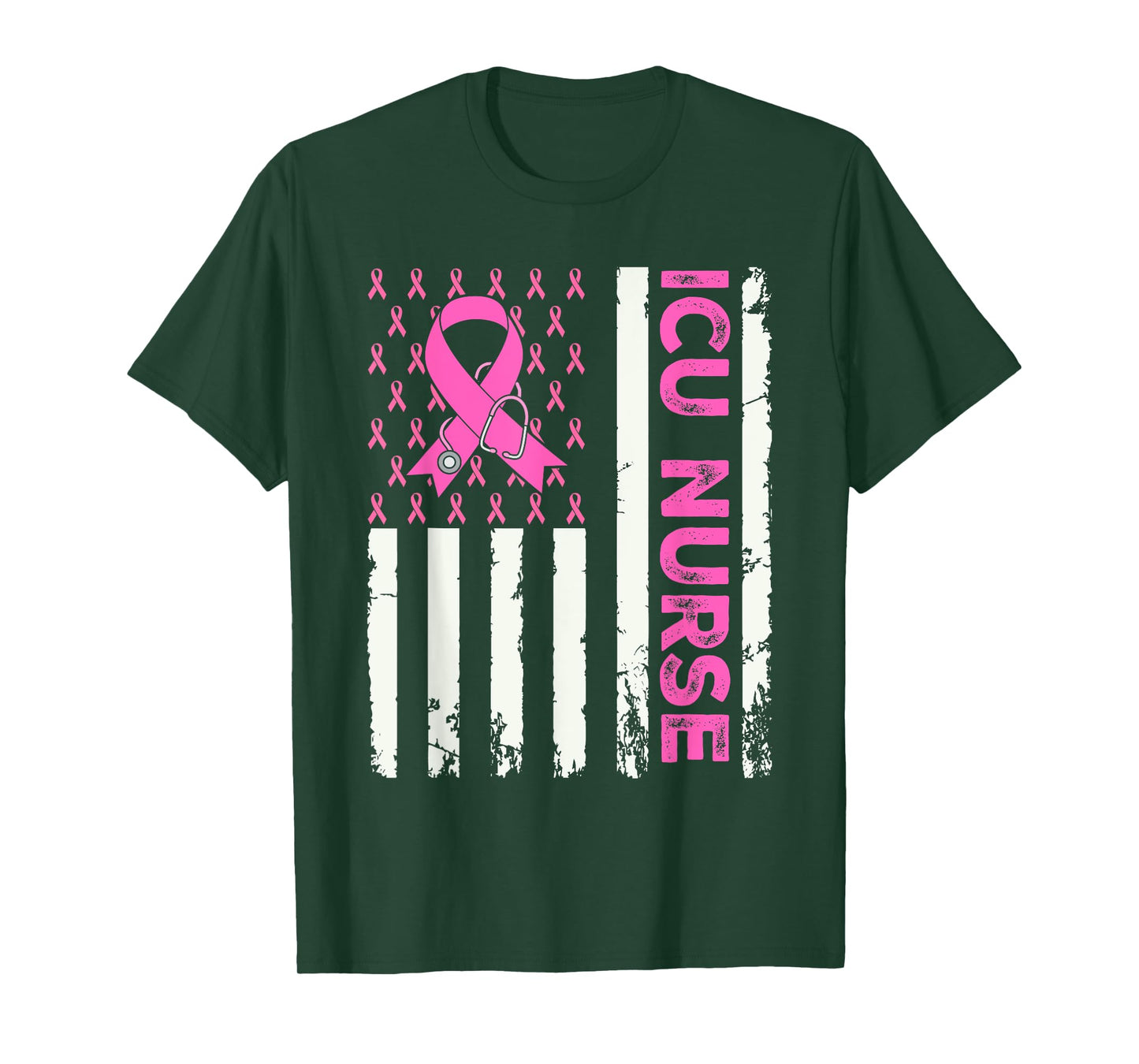 ICU Nurse American Flag Breast Cancer Awareness Pink Ribbon T-Shirt