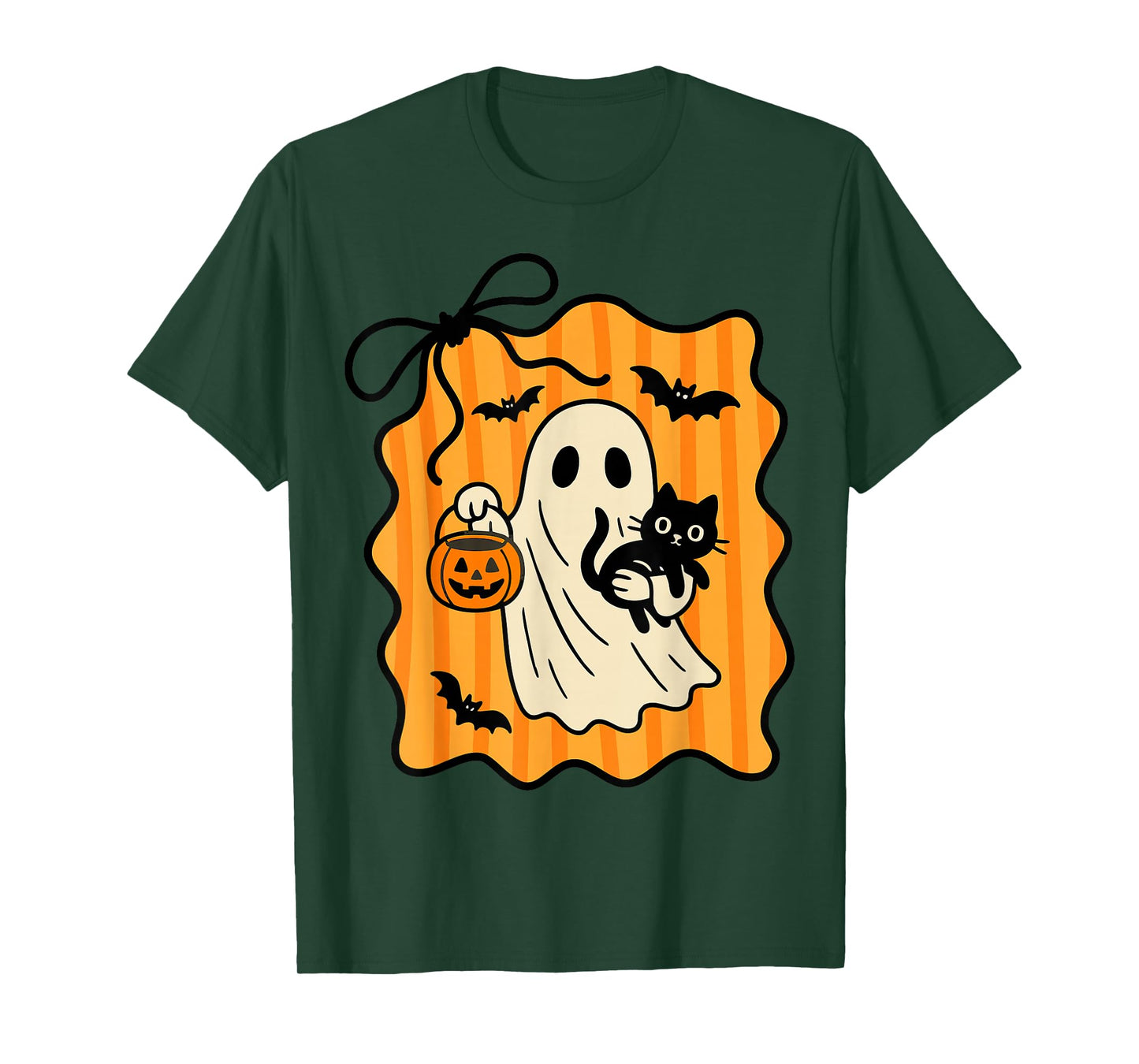 Retro Halloween Ghost Holding Cat Black Pumpkin Coquette Bow T-Shirt