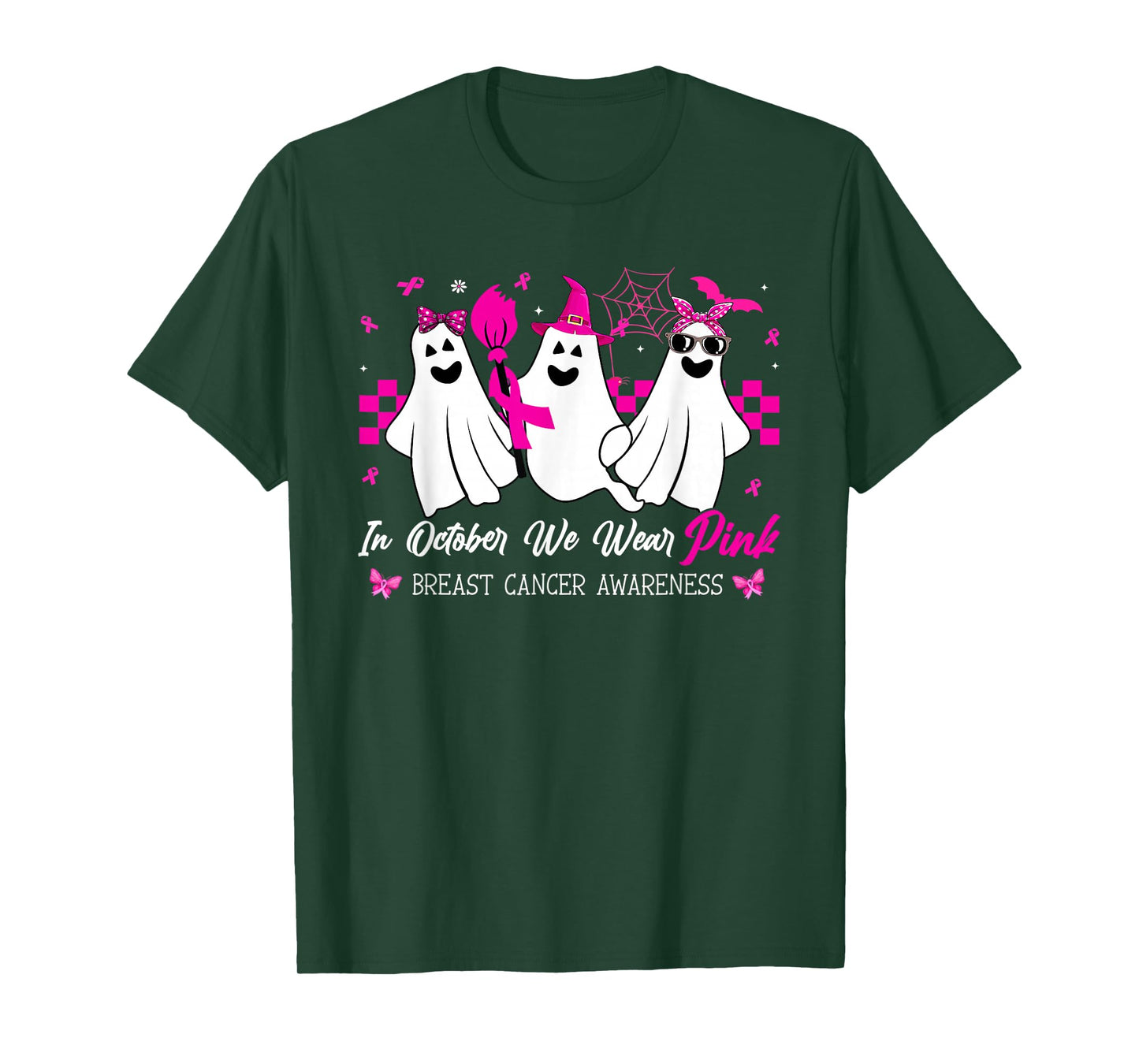 in October We Wear Pink Ghost Witch Breast Cancer Awareness T-Shirt