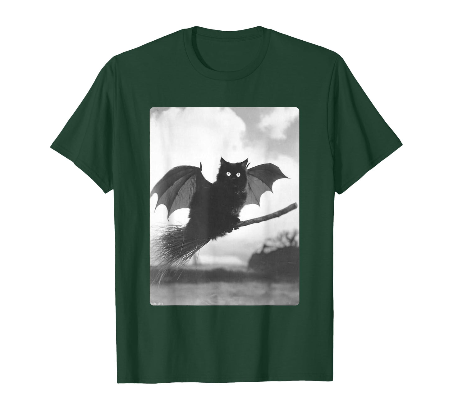 Black Cat Flying with Witch Broom Bat Wings Spooky Halloween T-Shirt