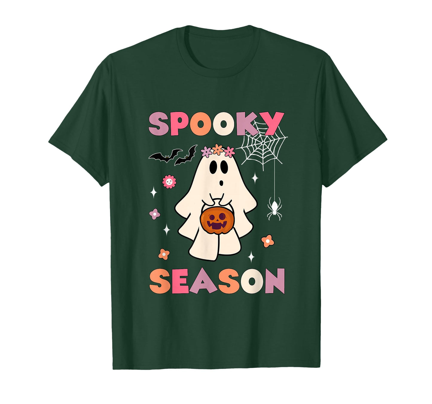 Funny Ghost Holding Pumpkin Halloween Groovy Spooky Season T-Shirt