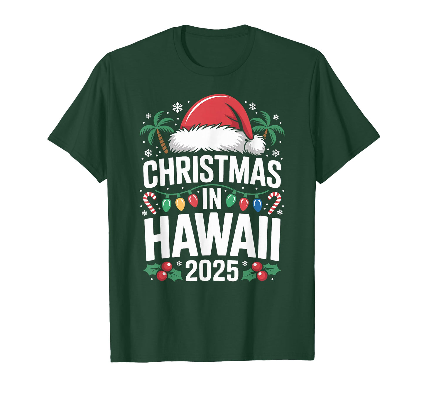 Fun Tropical Santa Hat and Lights, Christmas in Hawaii 2025 T-Shirt