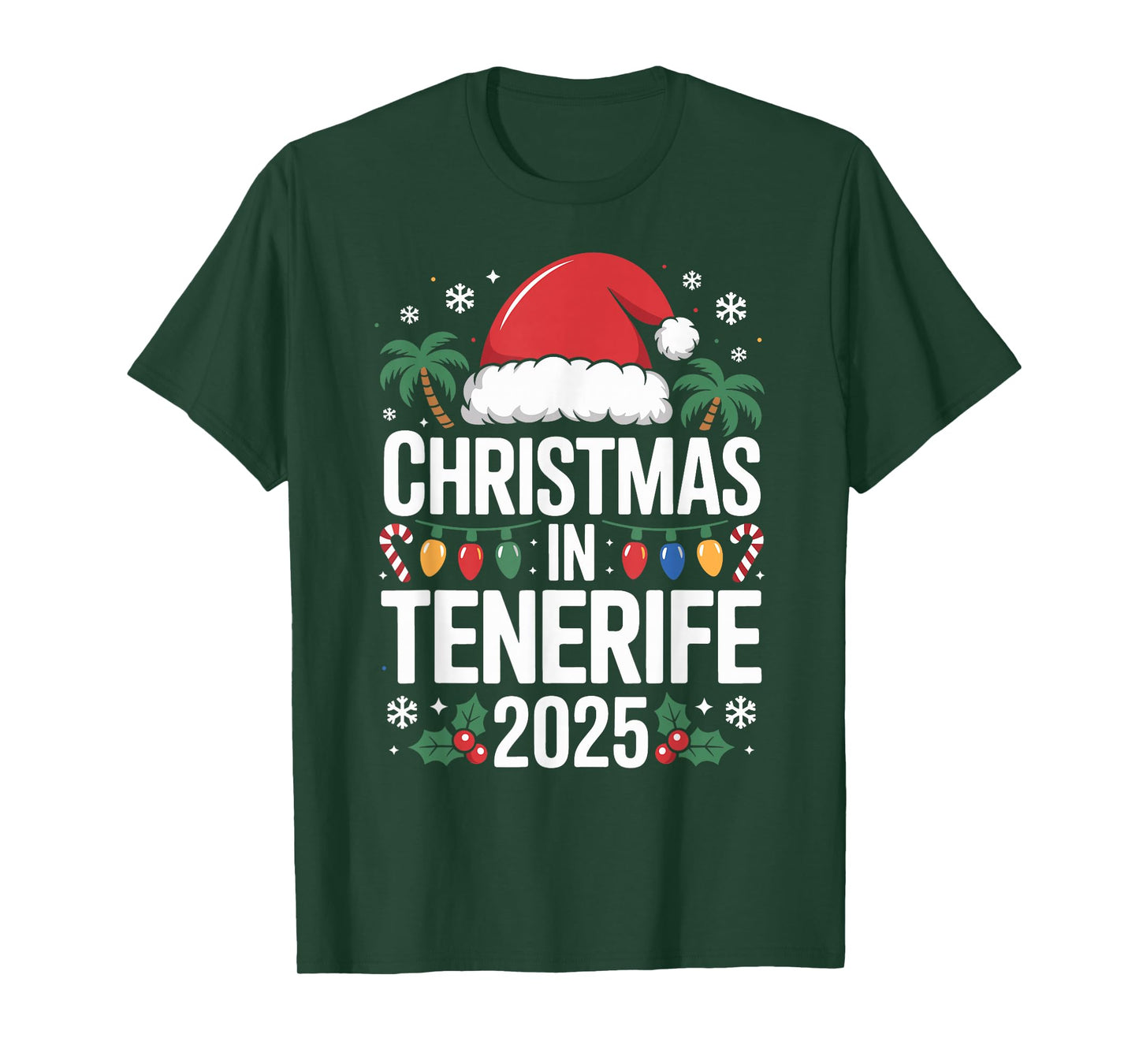 Fun Tropical Santa Hat and Lights Christmas in Tenerife 2025 T-Shirt