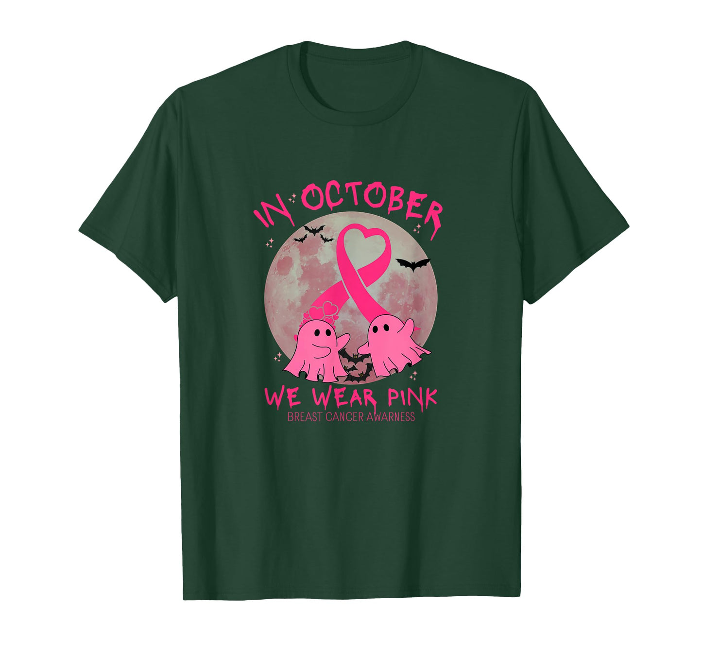 in October We Wear Pink Ghost Witch Breast Cancer Awareness T-Shirt