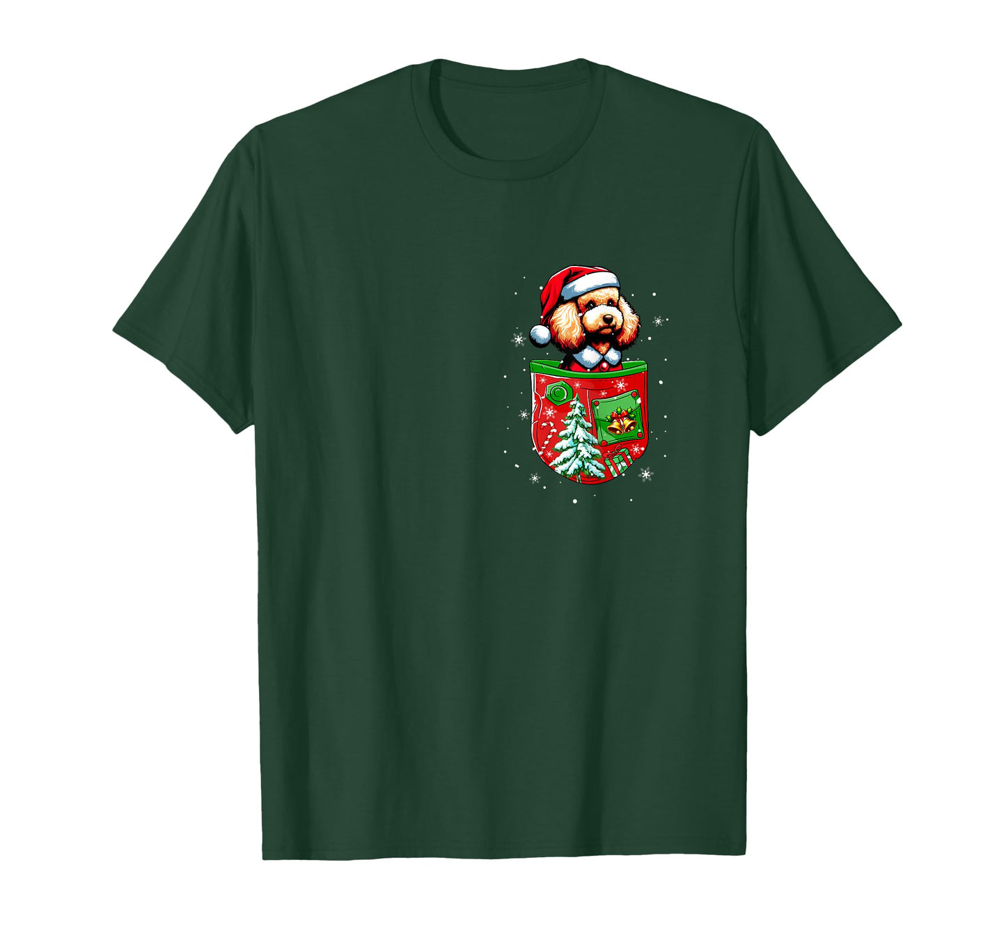 Santa Poodle in Pocket Owner Christmas Tree Bells T-Shirt