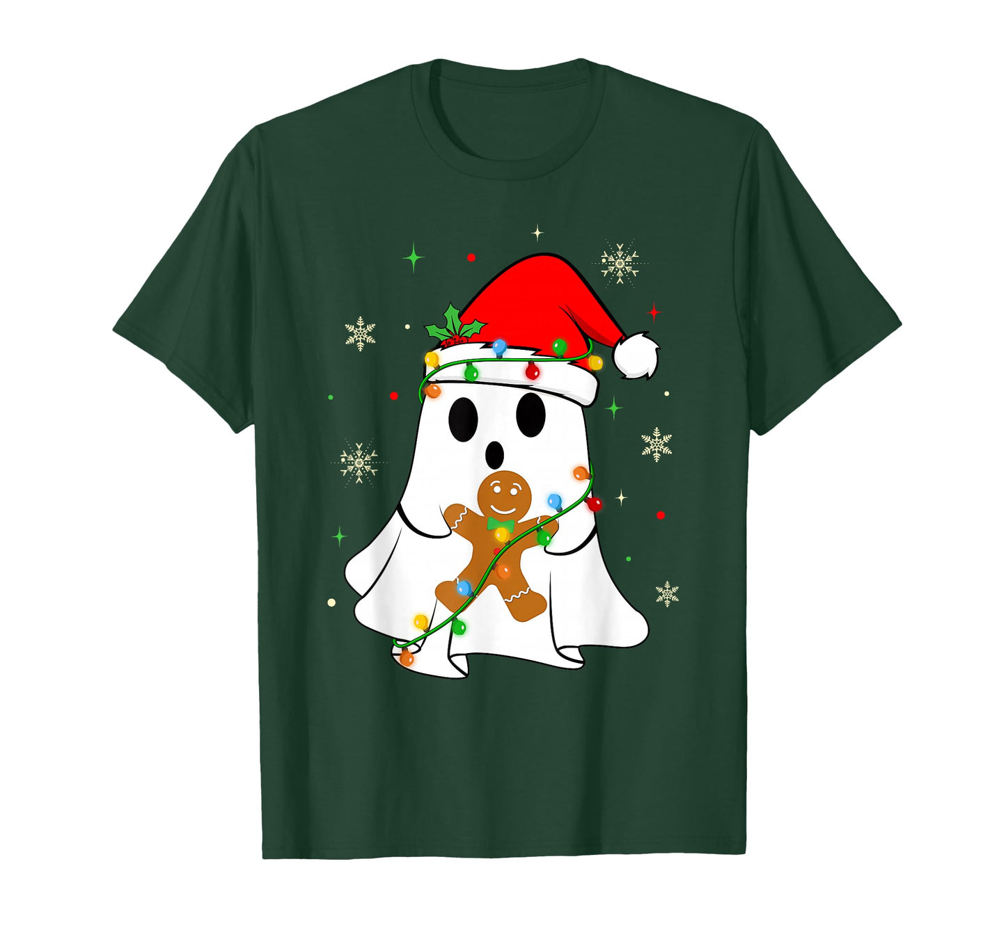 Spooky Ghost Christmas Lights Santa Hat Funny Boo Ghost Xmas T-Shirt