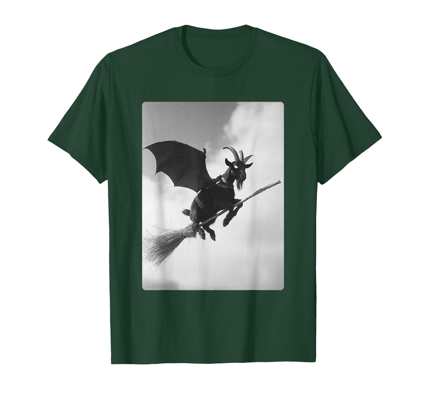 Gothic Goat Flying Witch Broom Bat Wings Spooky Halloween T-Shirt
