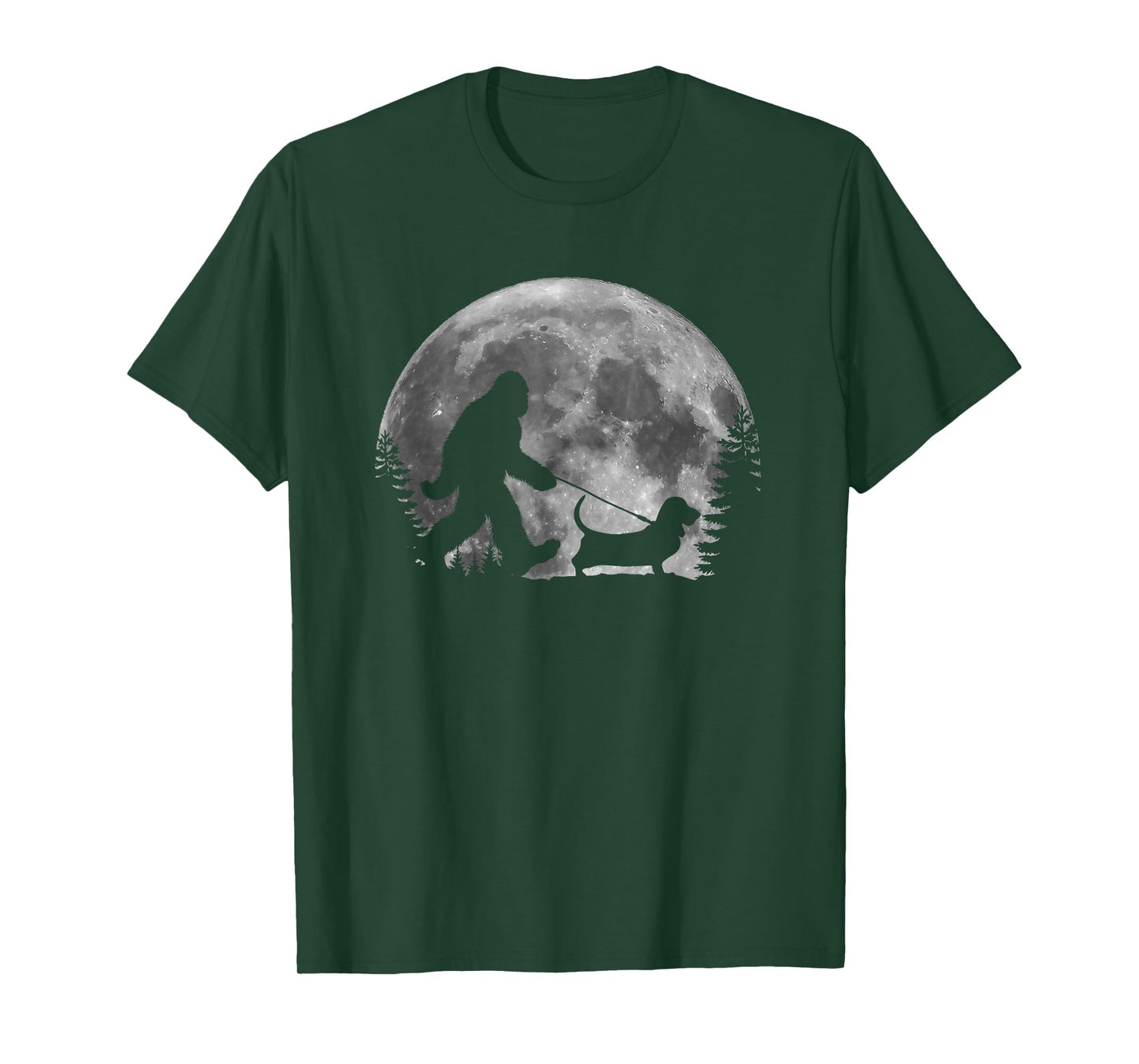 Bigfoot Walking a Dog Funny Basset Hound Moon Halloween T-Shirt for Men Women Kids