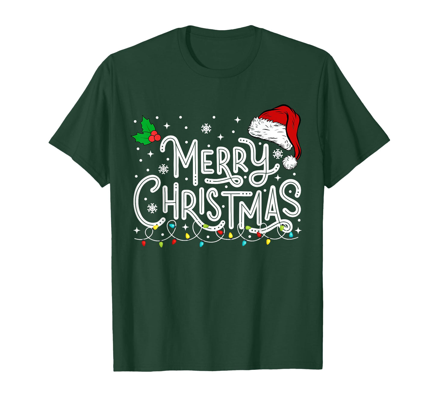 Merry Christmas Lights Red Santa Hat Xmas Family Men Women T-Shirt